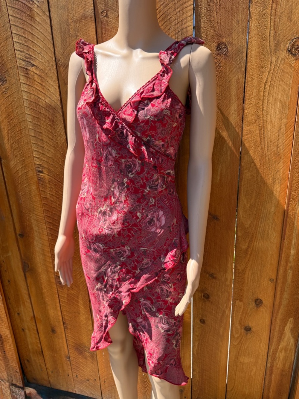Vintage 90’s Angie Women's Red Floral Ruffle Faux Wrap High Low Dress - Small